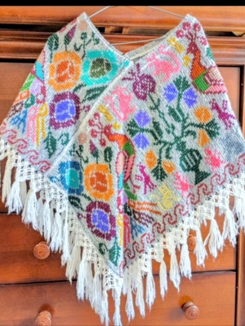 MEXICANA Multicolor Floral Embroidered Fringe Poncho